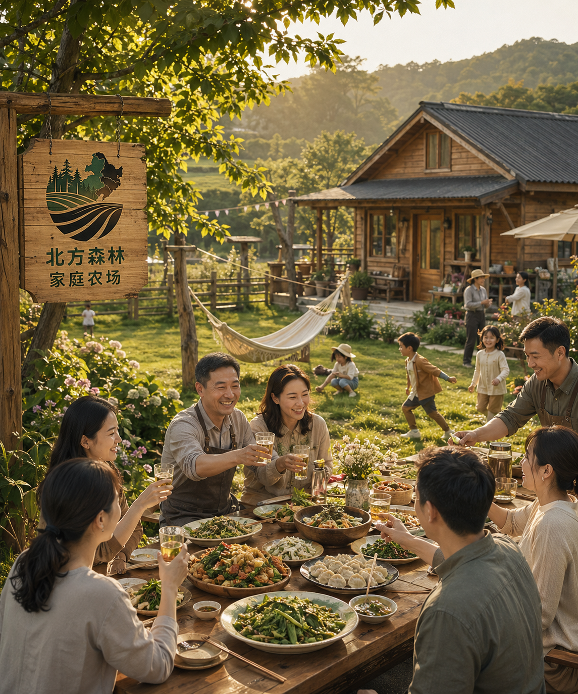 北方森林家庭农场周末聚会与田园生活场景