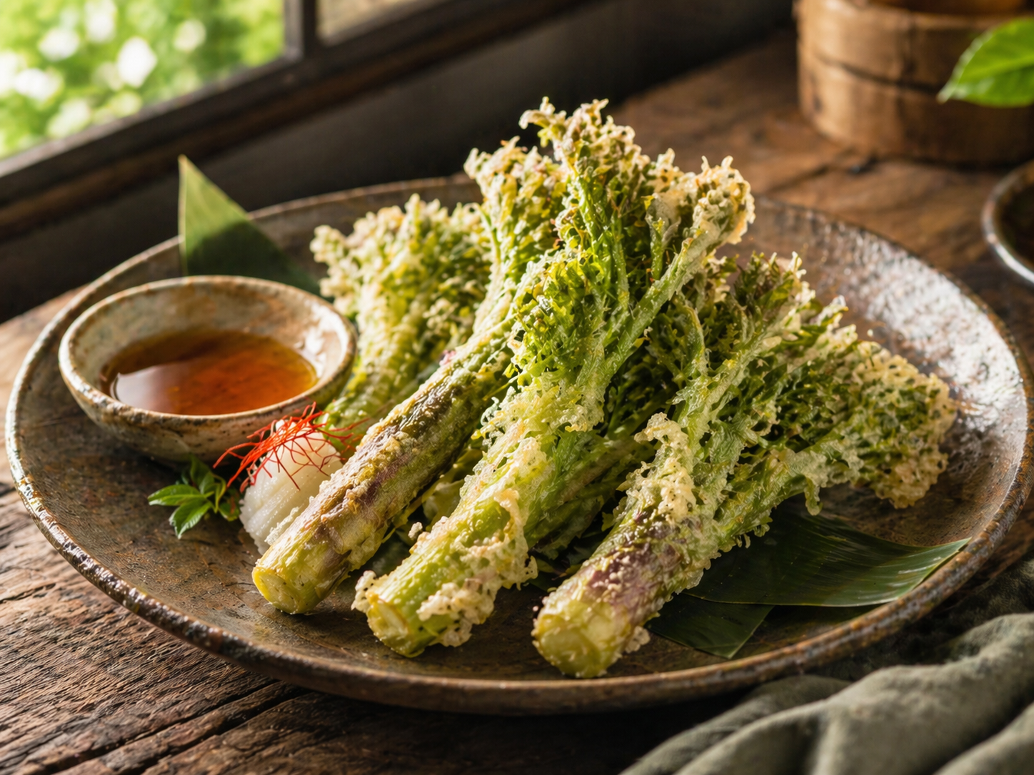 刺嫩芽天妇罗和薄糊炸前菜